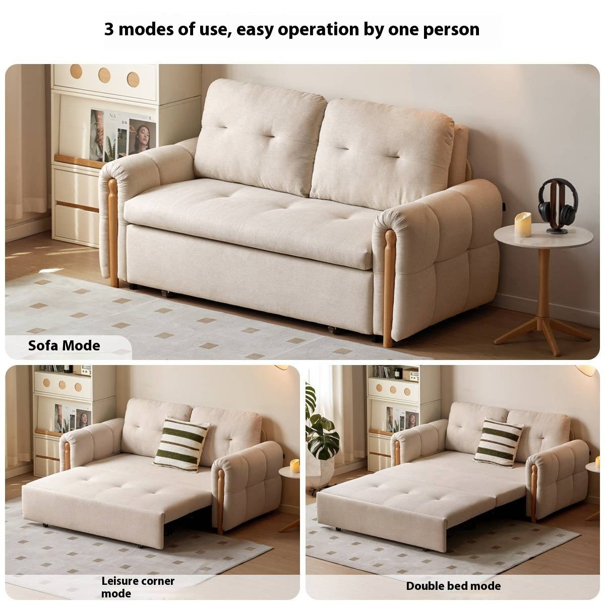 Fabric retractable sofa bed white cream style dual-purpose