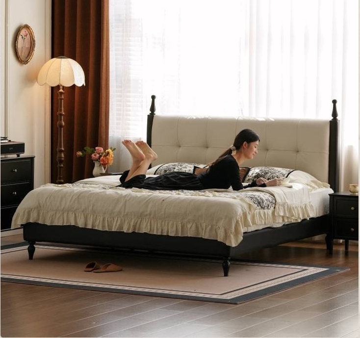 Luxury Genuine Leather Soft Backrest Bed, American Retro Style