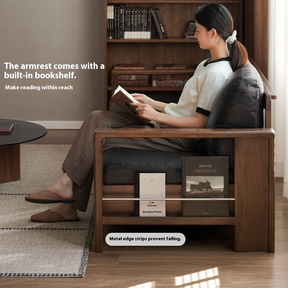 Black Walnut Solid Wood Leather Sofa