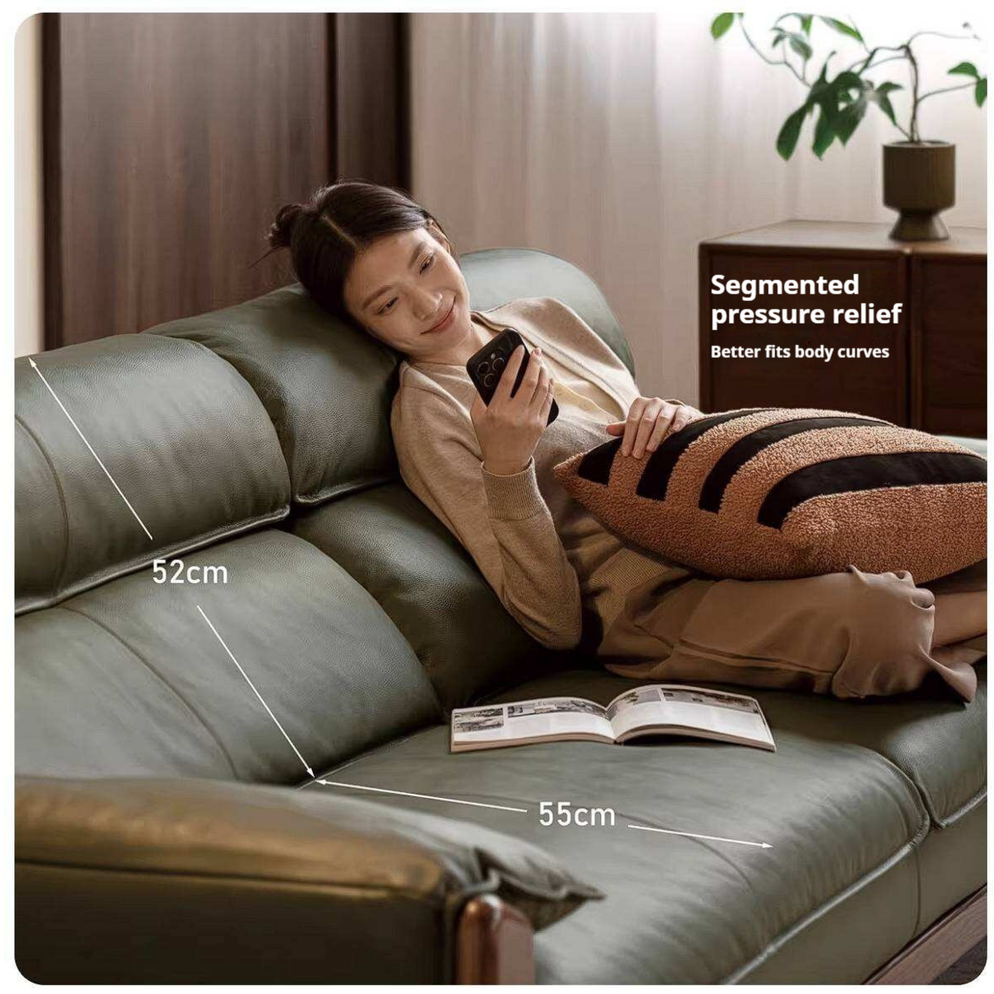 Oak Solid Wood, Sandalwood Sofa with Italian Light Luxury Leather Design
