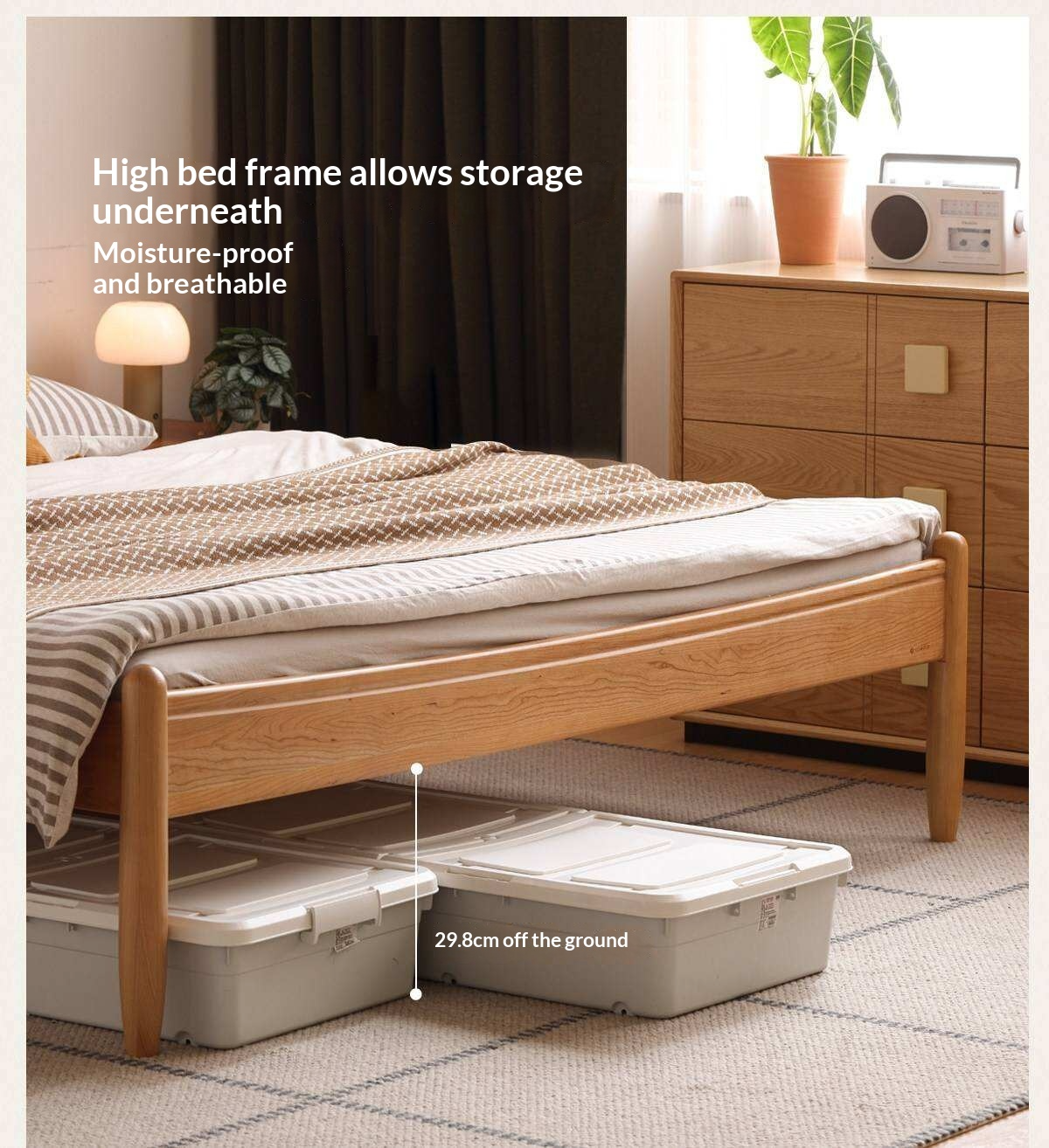 Cherry Solid Wood Nordic Platform Bed with Curved Panel Headboard