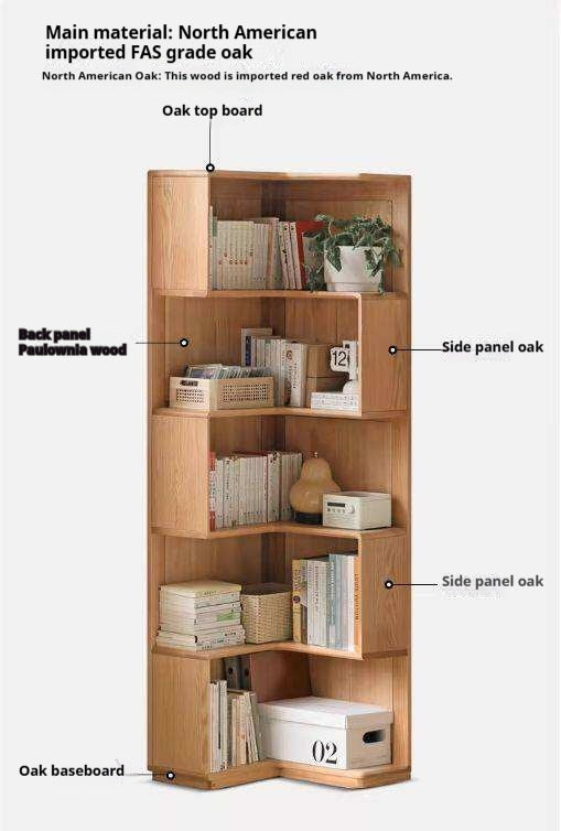 Oak Solid Wood Corner Bookshelf with Floor-Standing Storage Cabinet