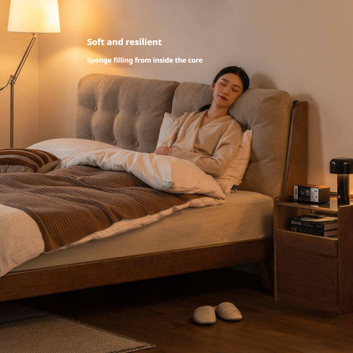 Rubberwood Solid Wood Bed with Oversized Soft Pillow Headboard