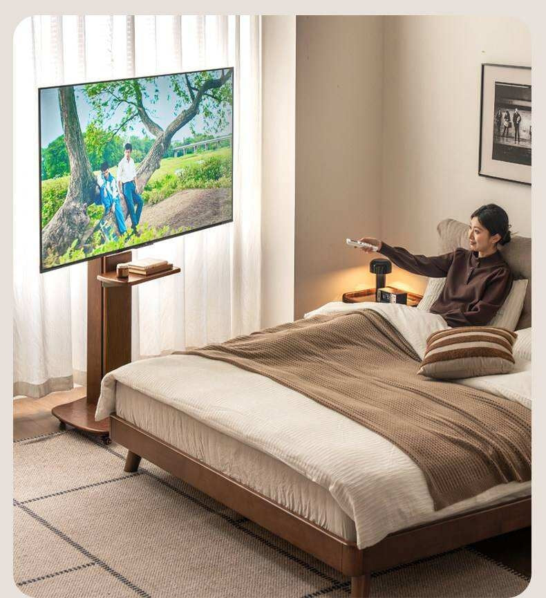 Oak Solid Wood TV Stand with Open Wall Rack and Mobile Cart Base