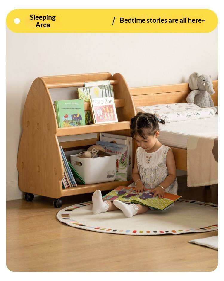 Beech, Poplar Solid Wood Movable Kids Bookshelf with Wheels, Multifunctional Storage