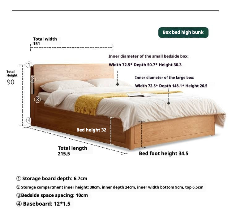 Oak Solid Wood Box Bed with Light and Bookshelf