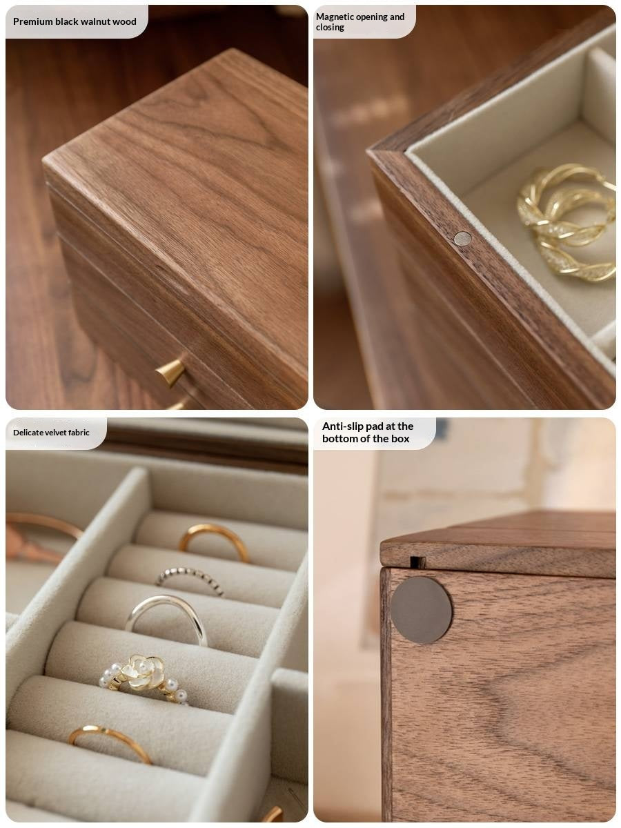 Black Walnut Solid Wood Jewelry Box with Large Capacity for Earrings and Necklaces
