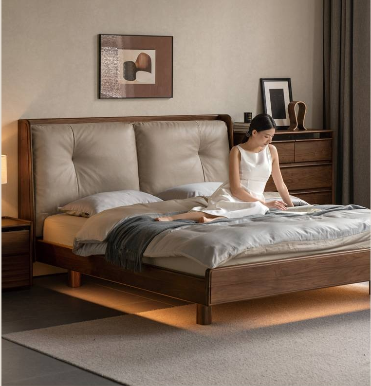 Black Walnut Solid Wood Italian Light Luxury Genuine Leather Soft Bed