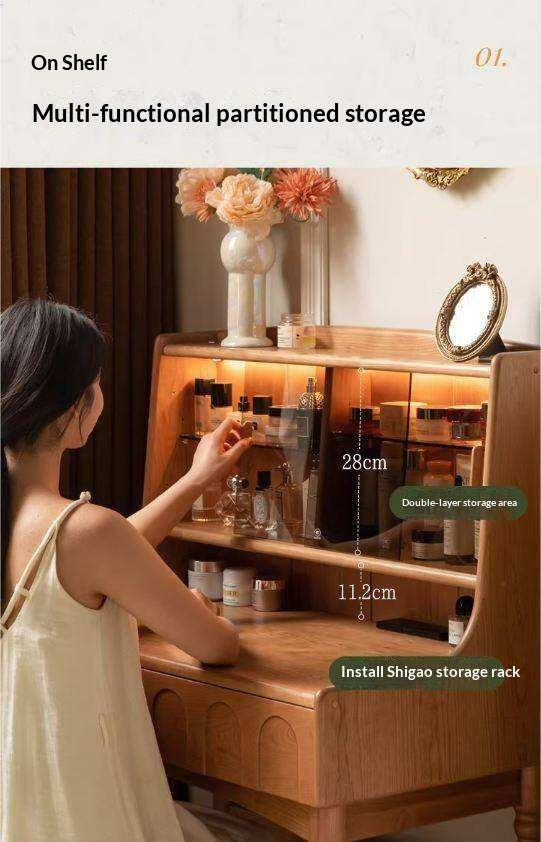 Cherry Solid Wood French Retro Vanity Table with Light