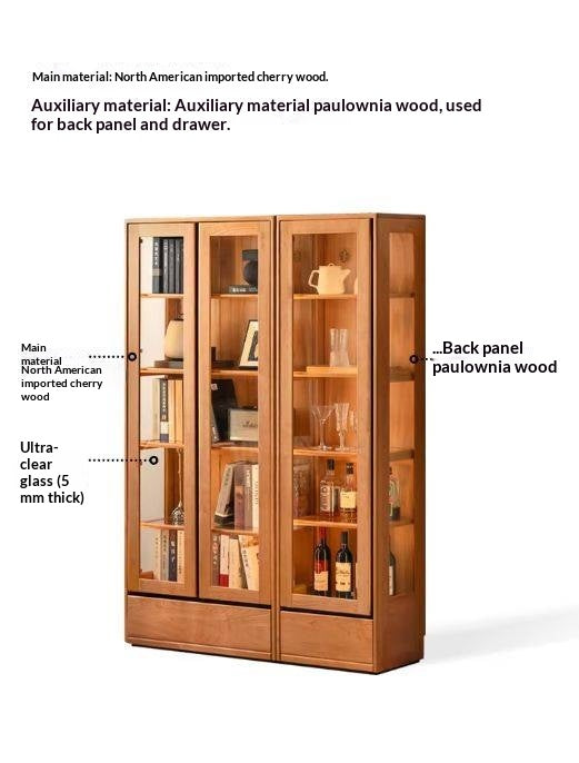 Cherry Solid Wood Bookcase with Glass Display Cabinets.