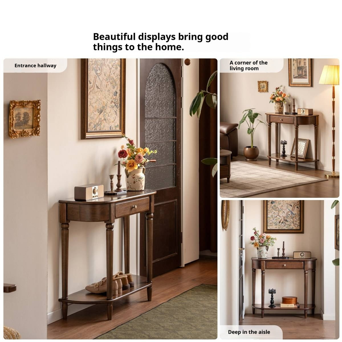 Sandalwood Solid Wood Traditional Demilune Console Table with Turned Legs and Drawer