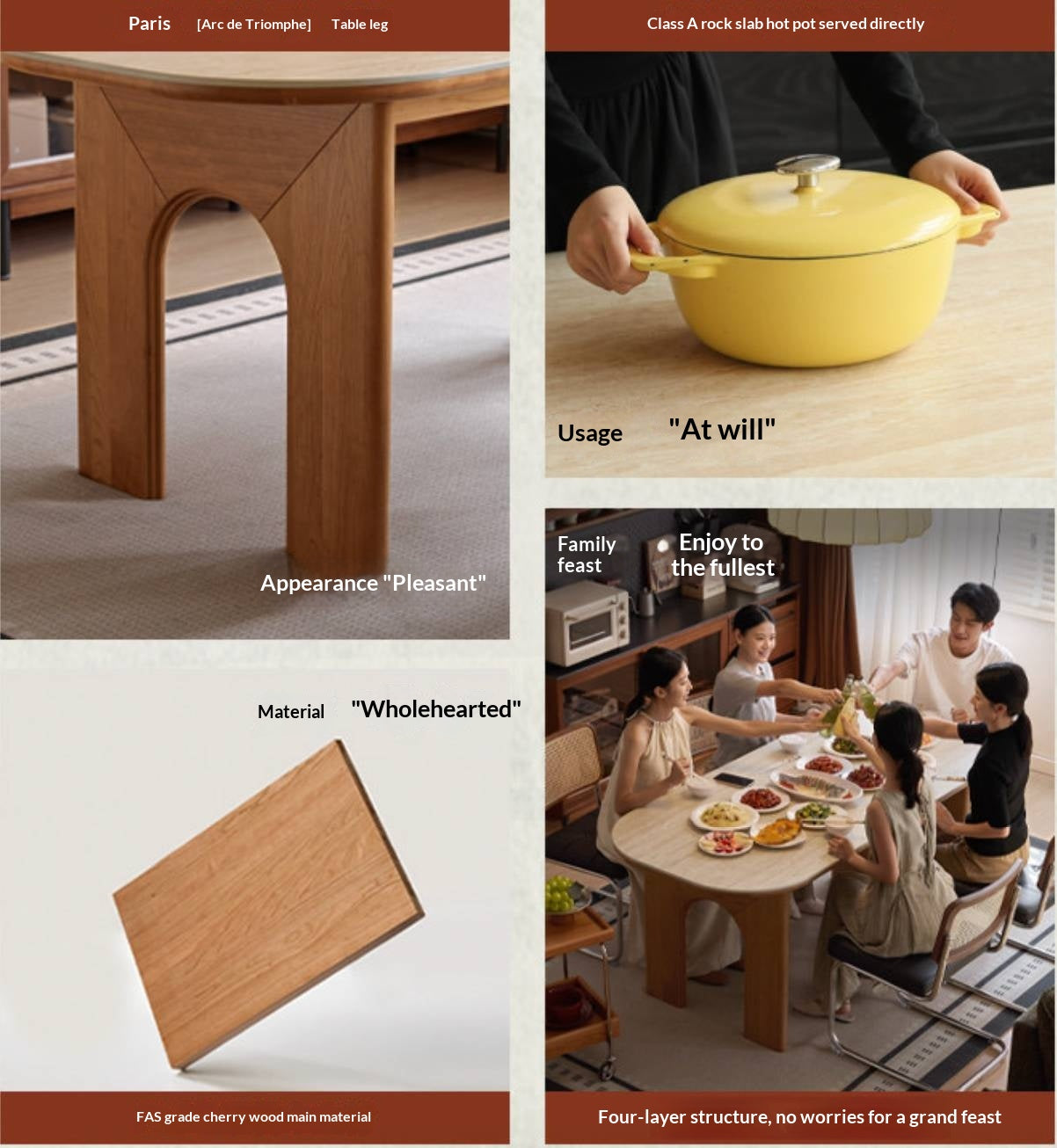 Cherry Solid Wood French Retro Style Slab Dining Table