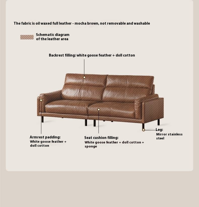 Full Leather High-Back Sofa with Oil-Wax Finish Italian-Style