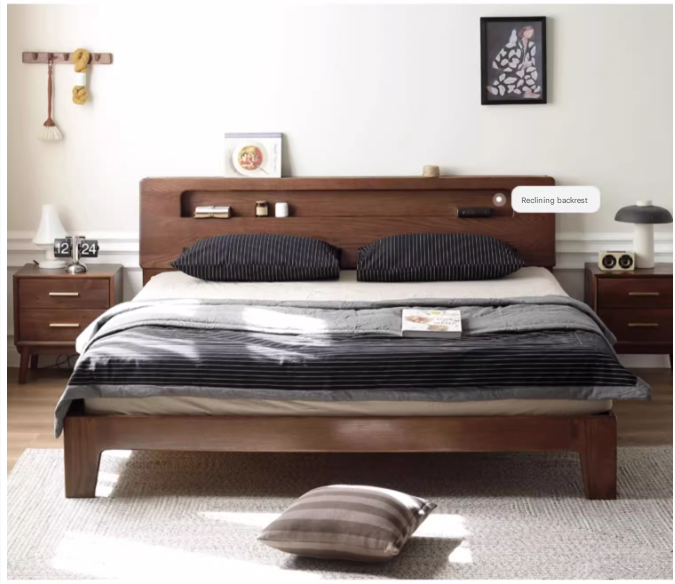 Oak solid wood bed with light walnut-color