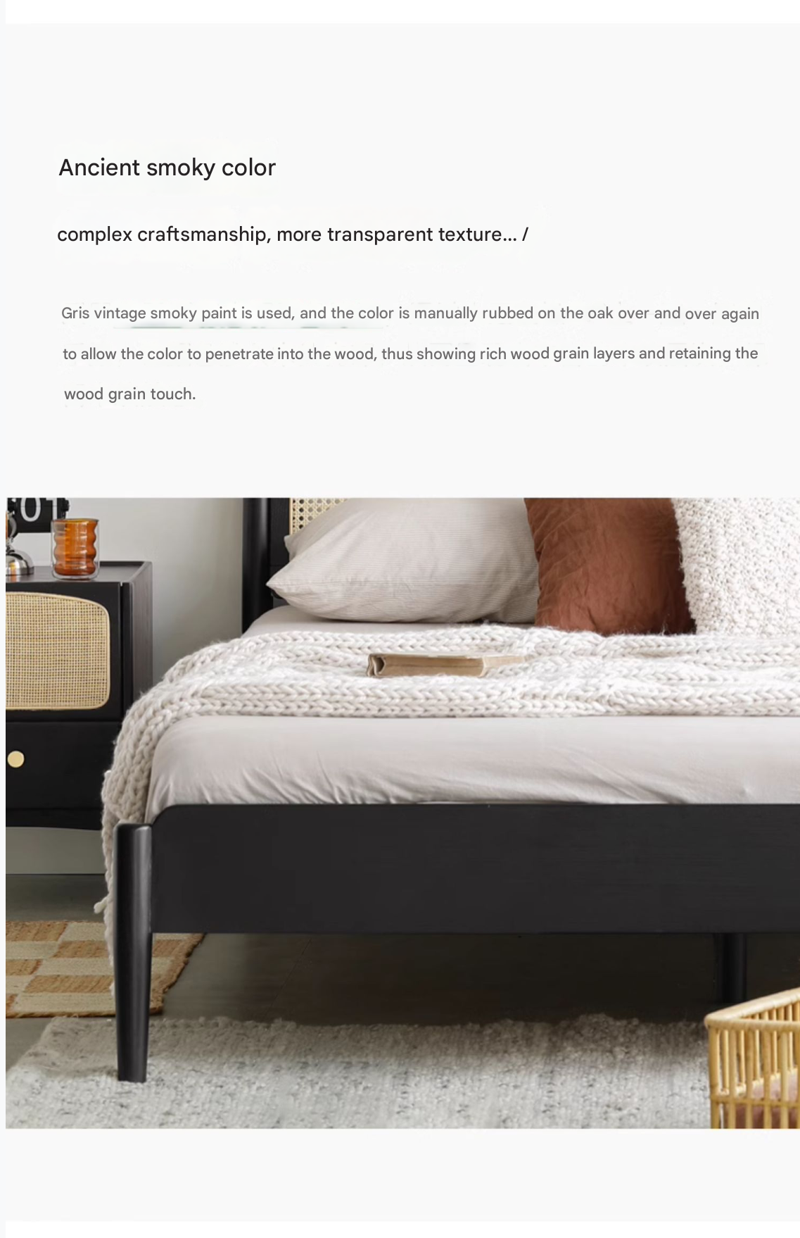 Oak Solid Wood Black Rattan bed