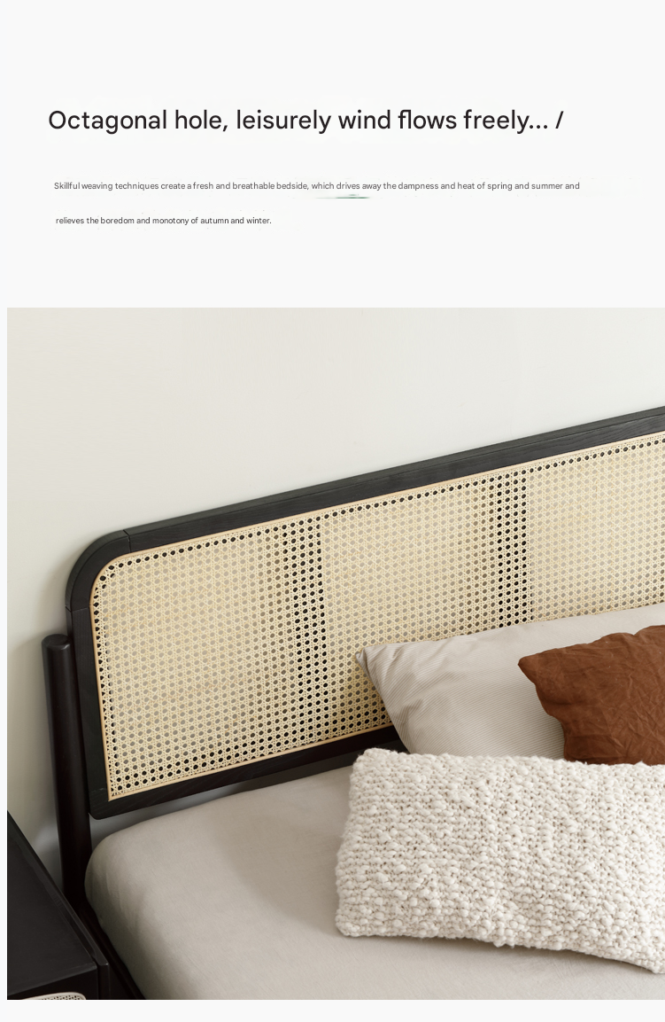 Oak Solid Wood Black Rattan bed