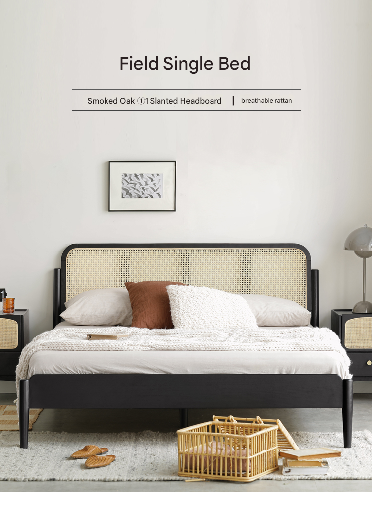 Oak Solid Wood Black Rattan bed