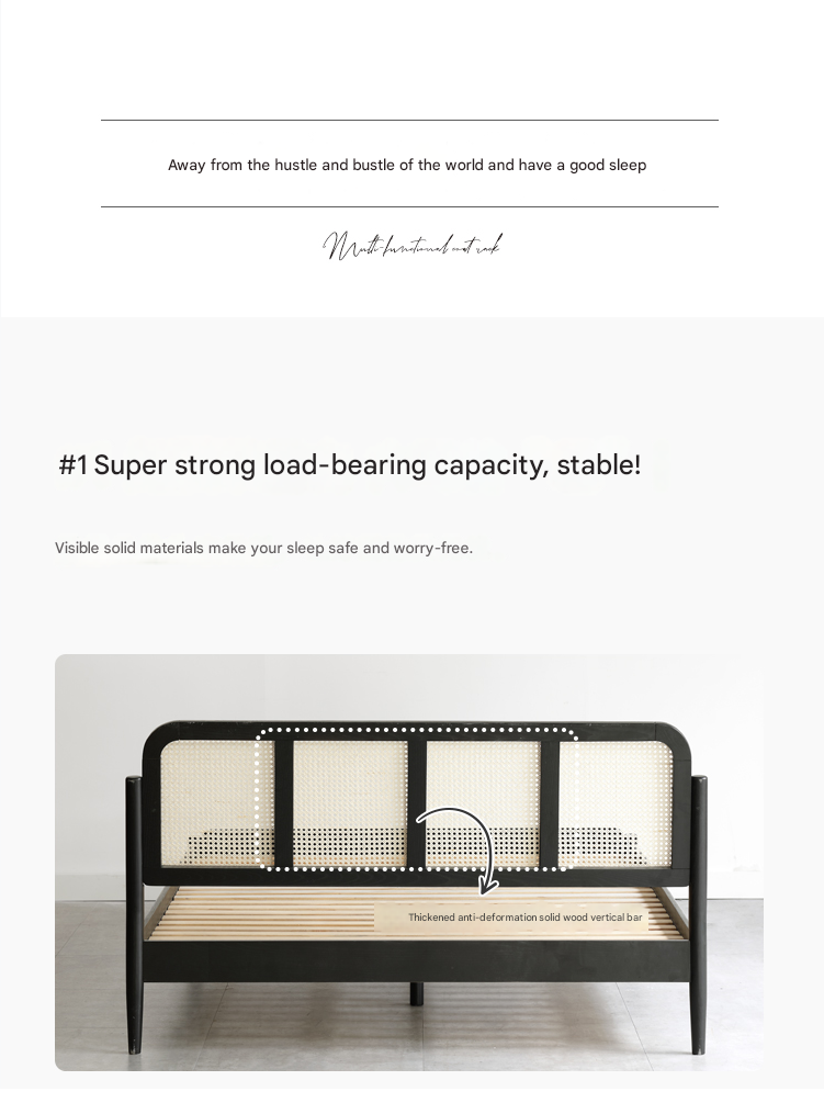 Oak Solid Wood Black Rattan bed