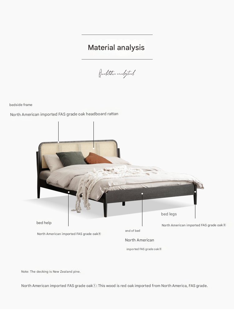 Oak Solid Wood Black Rattan bed