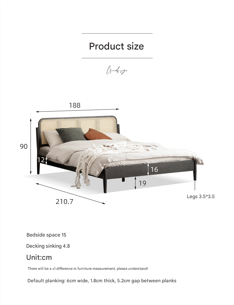 Oak Solid Wood Black Rattan Bed