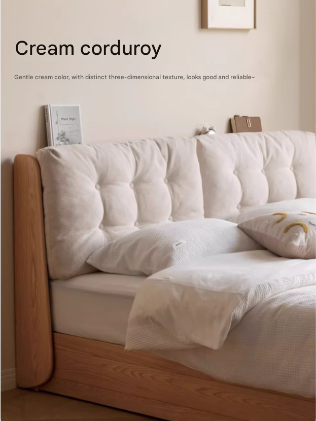 Oak Solid Wood Fabric Box Bed Cream Style