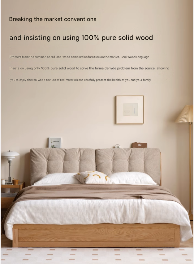 Oak Solid Wood Fabric Box Bed Cream Style