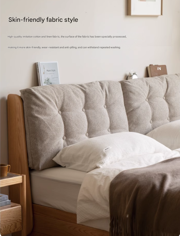 Oak Solid Wood Fabric Box Bed Cream Style