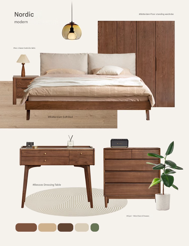 Oak Solid Wood with Fabric Upholstery Bed