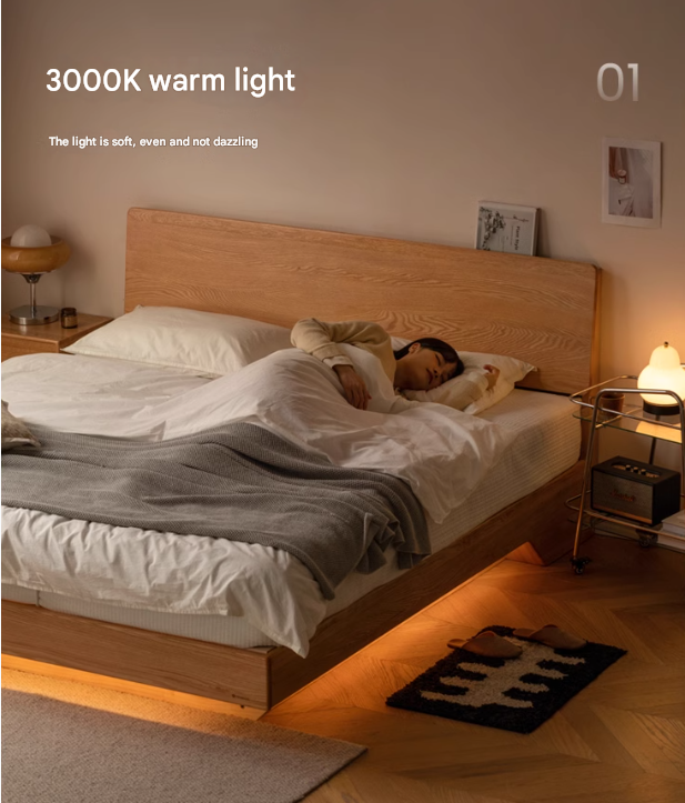 Oak,Black Walnut Solid Wood Suspended Luminous Box Bed