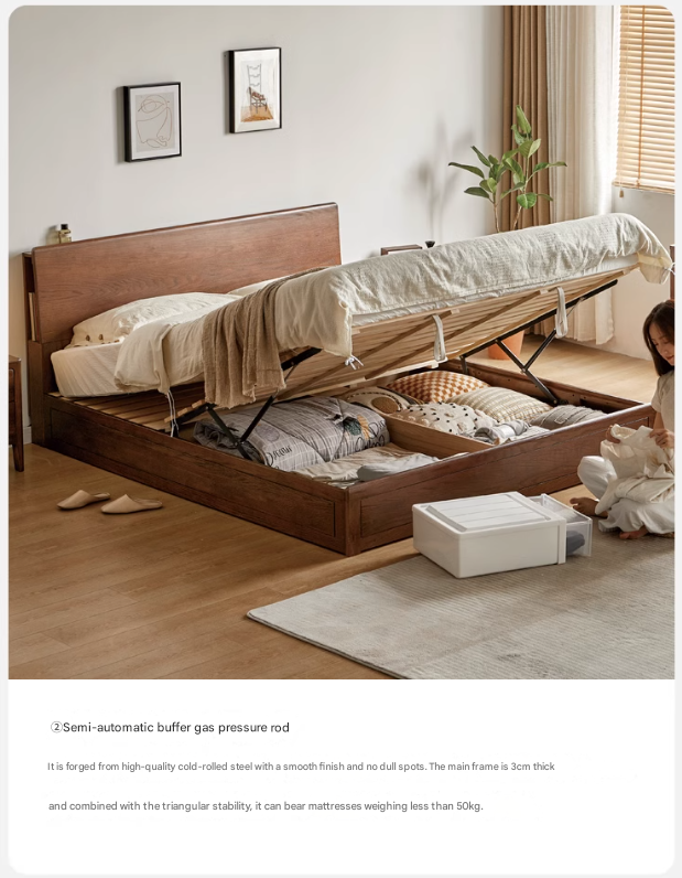 Oak, Rubberwood Solid Wood, Multifunctional Storage Box Bed