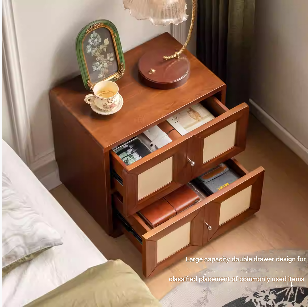 Solid Rubberwood, Tulipwood Solid Wood Middle-Aged Style Nightstand.