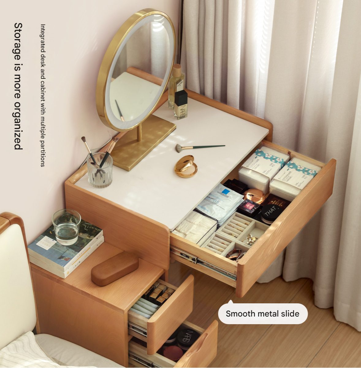 Beech Solid Wood Nordic Light Luxury Dressing Table.