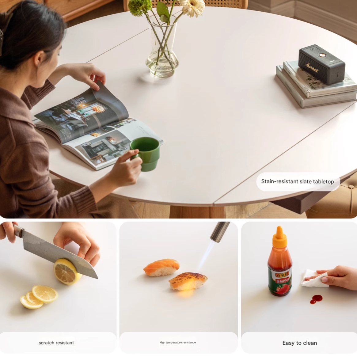 Cherry, Black Walnut, Ash Solid Wood Folding Retro Rock Plate Dining Table