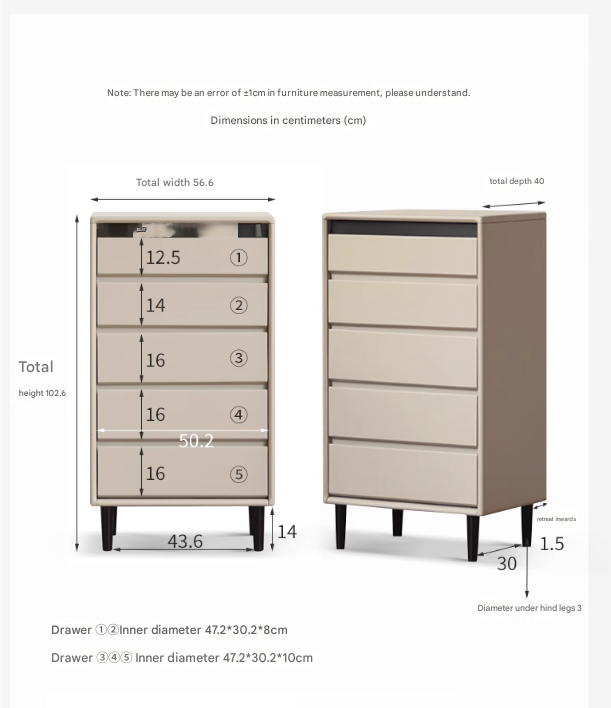 Tulipwood , Solid Rubberwood Light Luxury Gray Chest of Drawers.
