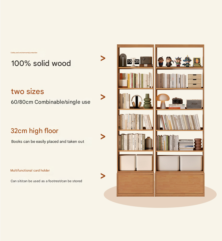 Rubber pure solid wood bookshelf floor-standing cabinet.
