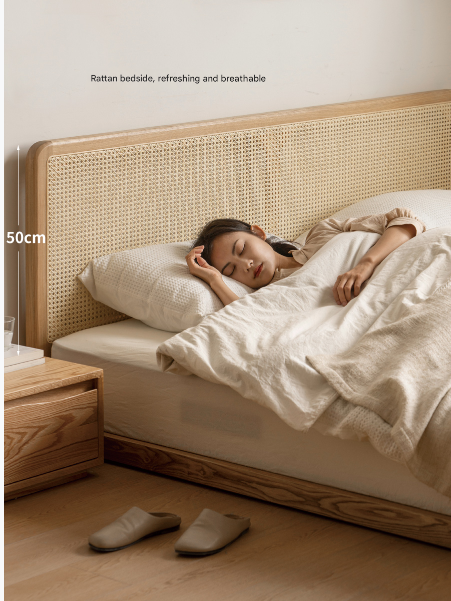 Ash Solid Wood Floor Bed Rattan