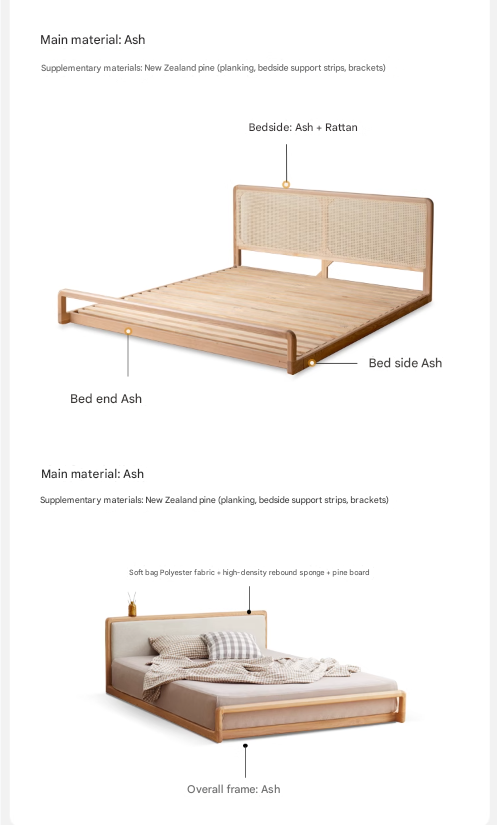 Ash Solid Wood Floor Bed Rattan