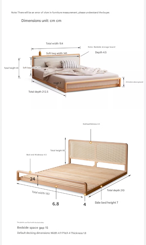 Ash Solid Wood Floor Bed Rattan