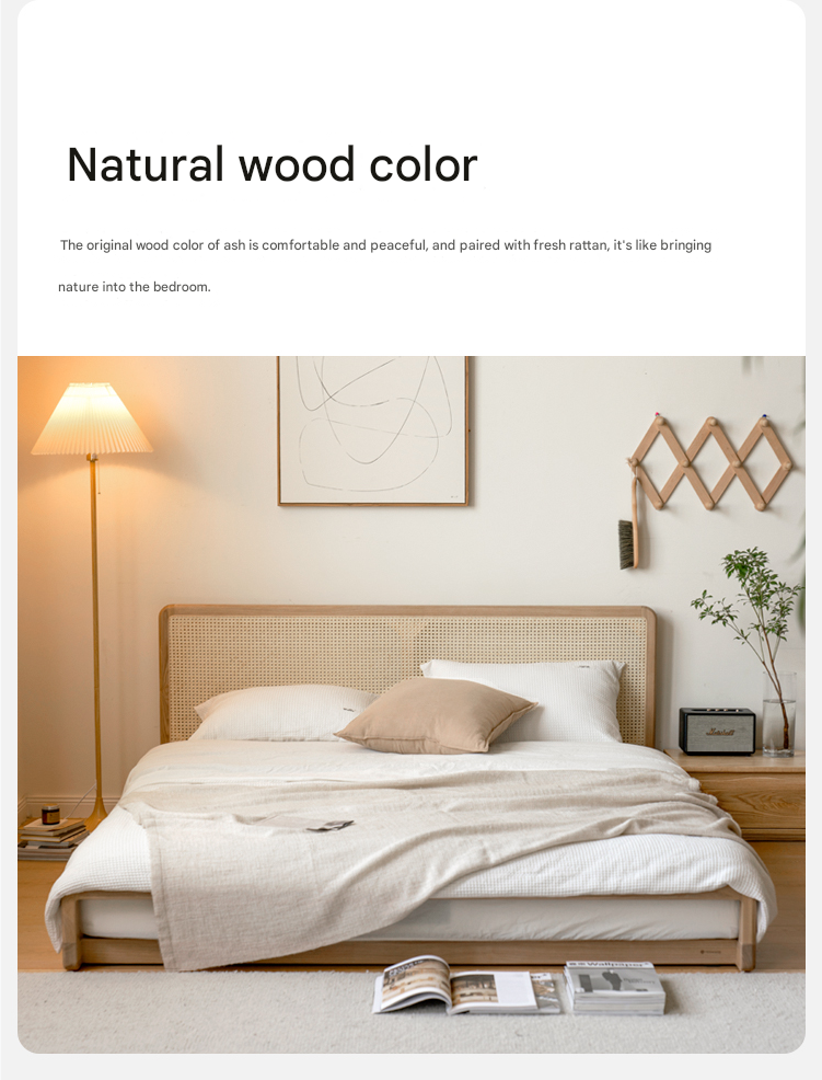 Ash Solid Wood Floor Bed Rattan