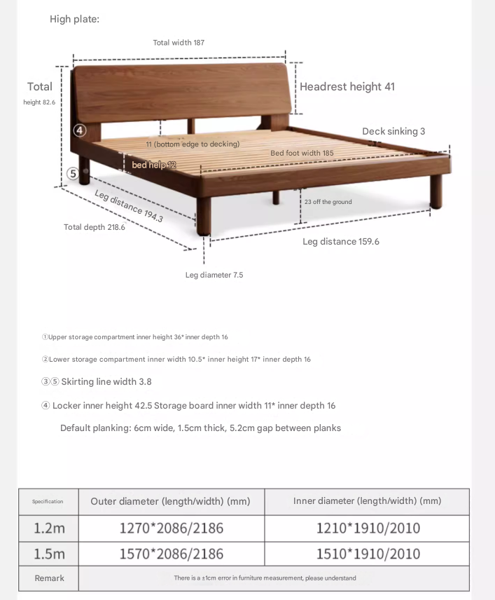 Oak Solid Wood Bed with Light, Storage Space
