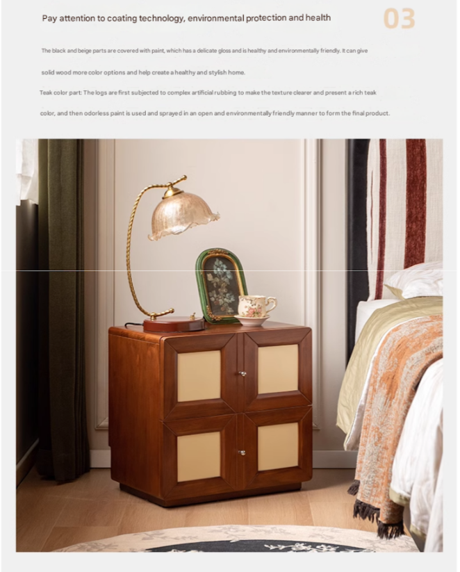 Solid Rubberwood, Poplar Solid Wood Middle-Aged Style Nightstand.