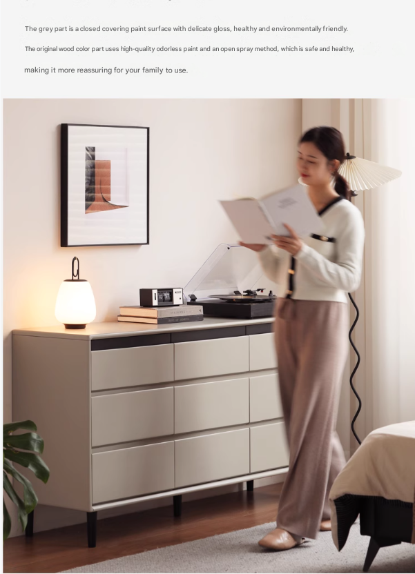 Poplar, Solid Rubberwood Light Luxury Gray Chest of Drawers.