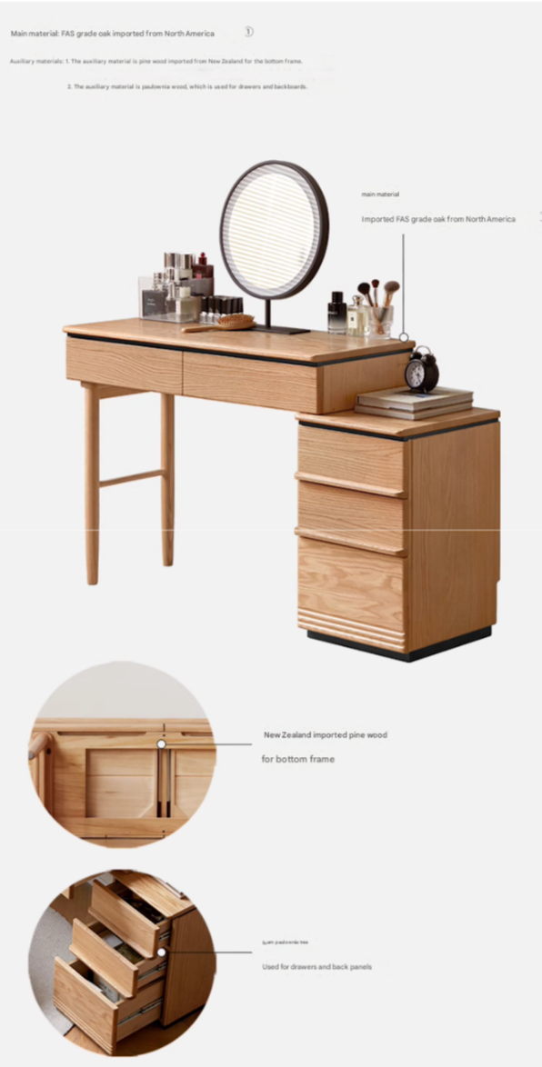 Oak Solid Wood Modern Retractable Vanity Table.