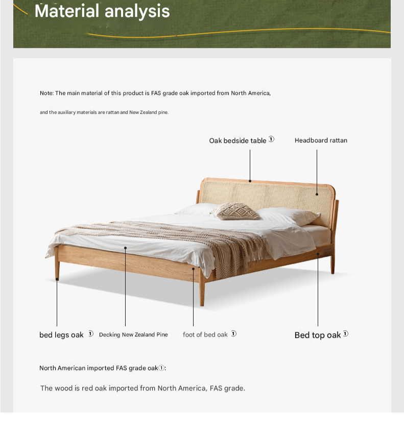 Oak Solid Wood Rattan bed