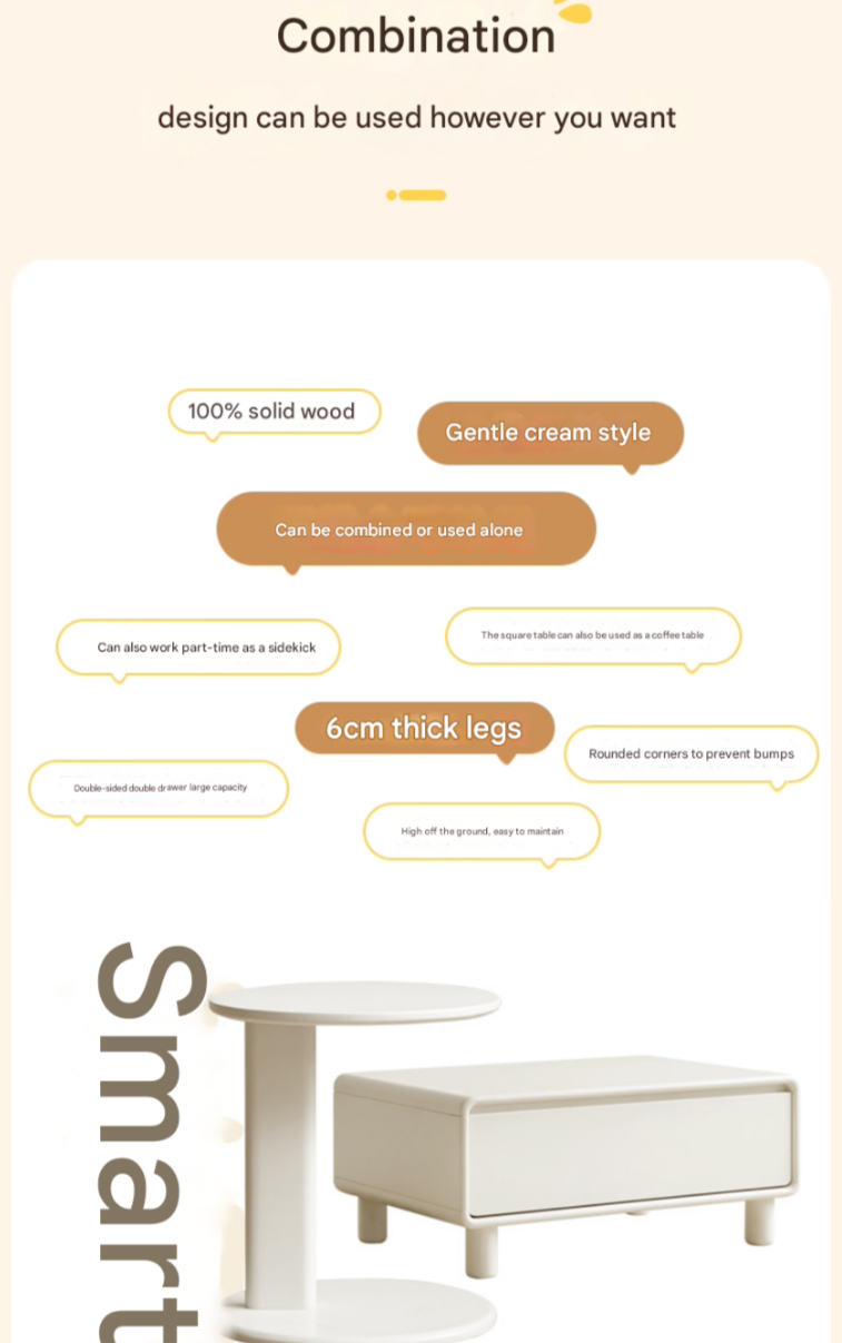 Solid RubberWood Modern Creative Cream Style Coffee Table.