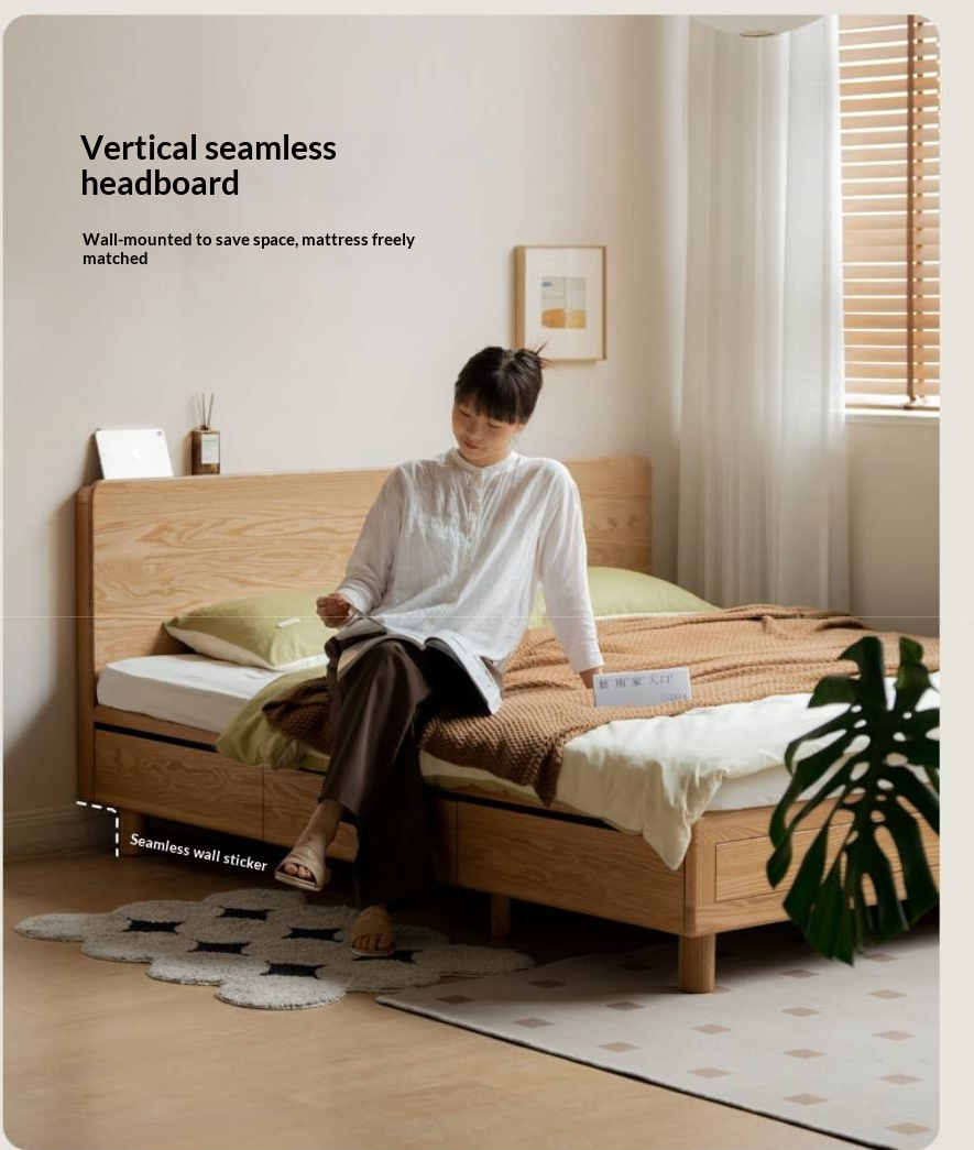 Oak Solid Wood Platform Storage Bed with Hidden Drawers and Bedside Shelf