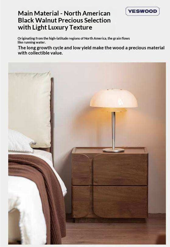Black Walnut Solid Wood Nightstand with Light Luxury Storage Cabinet