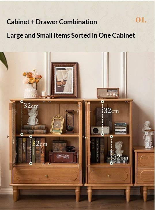 Cherry Solid Wood Side Cabinet with Glass Panels and Storage Shelves