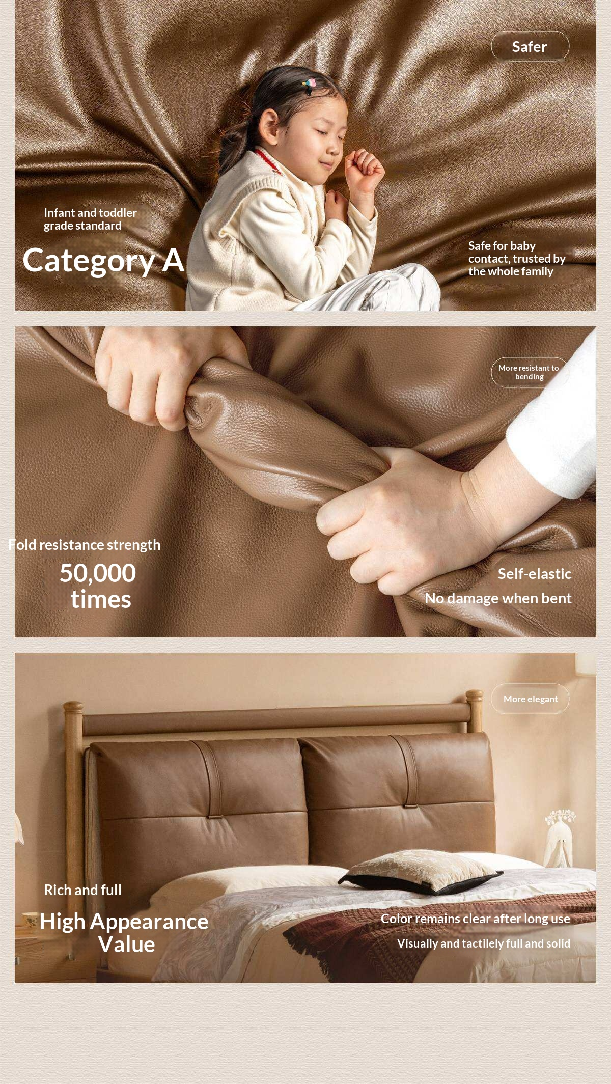 Ash Solid Wood Bed with Plush Genuine Leather Cushioned Headboard