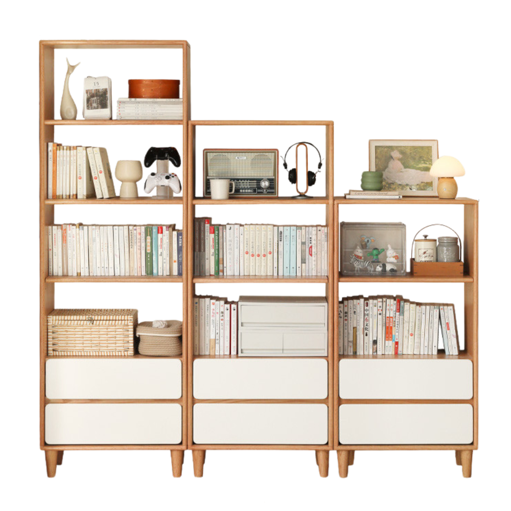 Oak, Rubber Solid Wood Modern Storage Bookcase